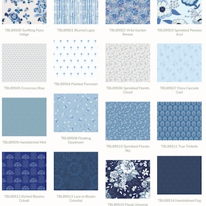 May include: A collection of 15 half-yard fabric bundles featuring a variety of blue floral patterns. The fabrics include designs like "Swifting Flora Indigo", "Blurred Lapis", "Wild Garden Breeze", "Sprinkled Peonies Azul", "Painted Porcelain", "Crisscross Blue", "Sprinkled Florets Cloud", "Flora Cascade Cool", "Floating Daydream", "Handstiched Mist", "Sprinkled Florets Sky", "True Trinkets", "Etched Blooms Cobalt", "Lace in Bloom Celestial", "Handstiched Fog", and "Floral Universe Midnight".