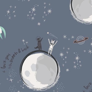 May include: A whimsical illustration on a blue background featuring a raccoon and a zebra in space suits standing on a gray moon. The design includes stars, planets, and the text "I love you to the moon & back."