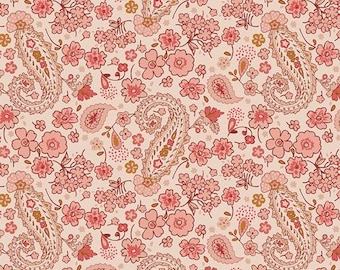 May include: A repeating pattern featuring paisley shapes and small flowers in shades of pink, peach, and brown on a cream background. The design has a vintage, floral aesthetic.