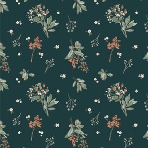 May include: A seamless pattern featuring a repeating design of stylized floral sprigs with red berries and white flowers on a dark teal background.