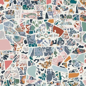 May include: A colorful mosaic pattern featuring irregular shapes in various colors including blue, pink, orange, and green. The design has a fragmented appearance, with each piece outlined in white, creating a textured, artistic look. The overall theme is decorative.