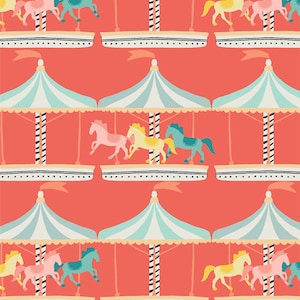 May include: A seamless pattern featuring a repeating design of a carousel with horses in various colors, including pink, yellow, and blue, against a red background.