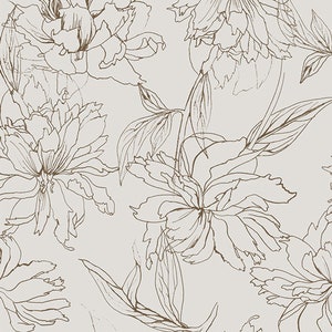 May include: A seamless pattern featuring delicate brown line drawings of peonies on a light beige background.