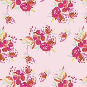 May include: A repeating pattern of watercolor-style flowers in shades of pink, fuchsia, and brown on a light pink background. The floral design includes detailed petals and leaves with yellow and orange accents.