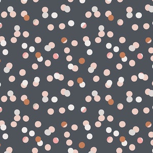 May include: A seamless pattern of pink, white, and brown confetti on a dark gray background.