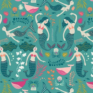 May include: A teal blue background with a repeating pattern of mermaids, whales, and seaweed. The mermaids are all different colors and have long flowing hair. The whales are pink and white and have a whimsical design. The seaweed is green and brown and has a variety of shapes.