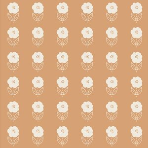 May include: A seamless pattern featuring a repeating design of white stylized flowers on a light brown background.