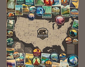 Puede incluir: Un mapa de los Estados Unidos con pegatinas coloridas de parques nacionales. Cada pegatina presenta el nombre del parque, un logotipo y una ilustración de un punto de referencia del parque. El mapa es una excelente manera de realizar un seguimiento de tus viajes a los parques nacionales.