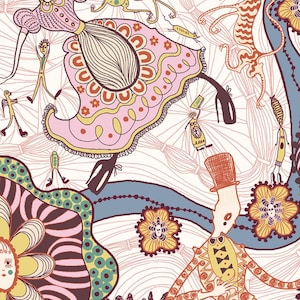 May include: Whimsical illustration featuring stylized figures, cats, and flowers in a vibrant color palette. The design includes a woman in a pink dress, a man in a top hat, and various decorative elements on a cream background. The artwork has a vintage, storybook feel.