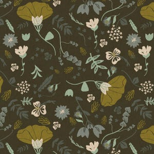 以下が含まれることがあります： 濃い茶色の背景に、緑、茶色、白のスタイリッシュな花と葉が様々な形で配置されたシームレスなパターンです。