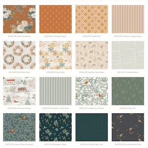 May include: A collection of 16 different fabric patterns featuring winter themes. The patterns include a variety of colours and designs, such as snowflakes, deer, and houses. The fabric is perfect for quilting, sewing, and other crafts.