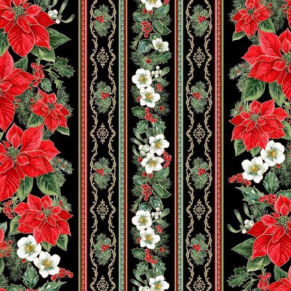 scarlet poinsettia christmas flower stripe (CM10915-BLAC-D)from tis the season Collection  Michael Miller Quilt Fabrics By Yard