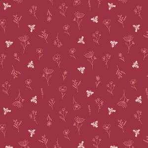 May include: Burgundy fabric with a repeating pattern of white line-drawn flowers and bees. The floral elements include various flower types and sprigs, creating a delicate and natural design. The bees are depicted with striped bodies and wings.