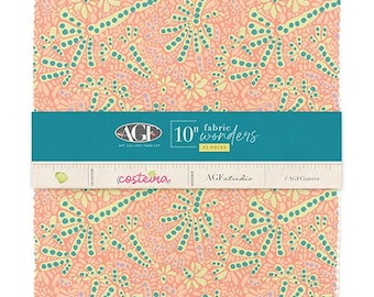 May include: A pack of 42 10-inch fabric squares with a peach background and a pattern of green and yellow stylized flowers. The pack is labeled "AGE 10" fabric wonders 42 pieces".