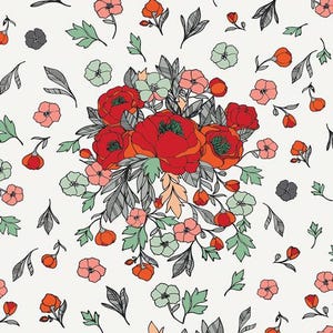 May include: A floral pattern with a central bouquet of red and orange flowers, surrounded by green leaves and smaller flowers. The design is set against a white backdrop, with a hand-drawn illustration style. The pattern includes various floral elements.