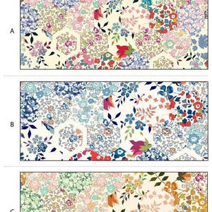 Puede incluir: Muestras de tela con estampados florales en rosa, azul y verde. La tela está dispuesta en un diseño de patchwork con formas hexagonales. El texto "Patchwork Stories" y "Tana Lawn" es visible.