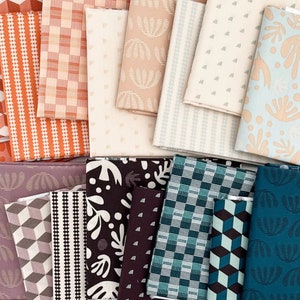May include: A collection of fabric squares featuring a variety of geometric and abstract patterns in shades of orange, brown, teal, black, and white.