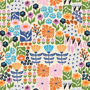 May include: A colorful floral pattern featuring stylized flowers in shades of orange, pink, blue, and purple against a cream background. The design includes various flower shapes and green leaves, creating a vibrant and cheerful aesthetic.