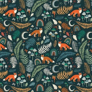 May include: A repeating pattern featuring foxes, mushrooms, rainbows, and crescent moons on a dark teal background. The design includes various types of foliage in shades of green, orange, and white, creating a whimsical forest theme.