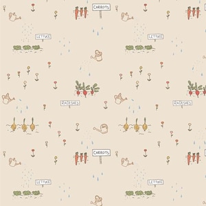May include: A seamless pattern featuring a variety of garden vegetables, including carrots, radishes, lettuce, and onions. The pattern is illustrated in a hand-drawn style with a light beige background and includes watering cans and raindrops.
