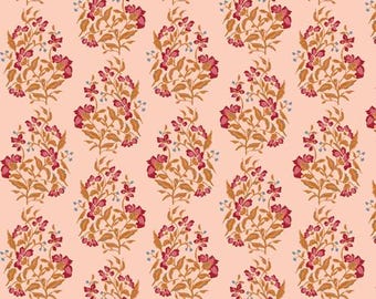 May include: A repeating pattern of stylized floral bouquets. Each bouquet features clusters of red flowers, brown leaves, and small blue accents. The background is a soft peach color, creating a warm and inviting aesthetic. This design is suitable for fabric or wallpaper.