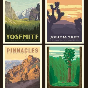 May include: A set of four vintage-style travel posters featuring national parks in the United States. The posters are in a retro style with a colorful palette and bold text. The parks featured are Yosemite National Park, Joshua Tree National Park, Pinnacles National Park, and Sequoia National Park.