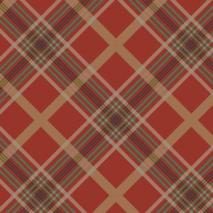 May include: A repeating pattern of a plaid design. The pattern features a combination of red, brown, and green lines and squares. The lines intersect to create a grid-like appearance, with the colors alternating throughout the design.