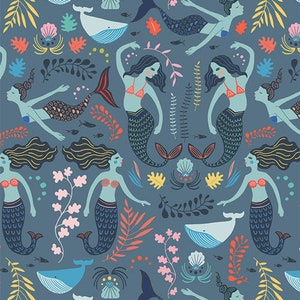 May include: A seamless pattern featuring mermaids with colorful tails, blue whales, and various sea life elements on a blue background.