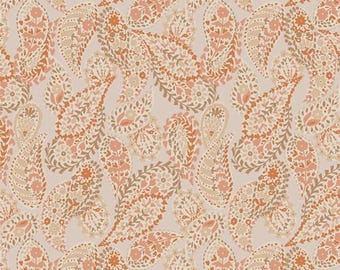 May include: A seamless pattern featuring a repeating design of paisley shapes in shades of peach, brown, and cream on a light beige background.
