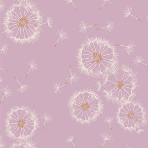 May include: A repeating pattern of white dandelion seed heads and individual seeds scattered across a soft lavender background. The dandelion heads have a golden-yellow center.