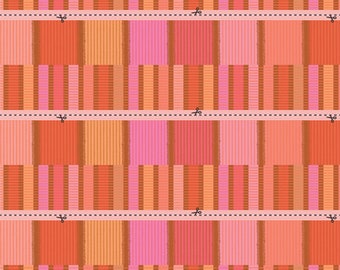 May include: A seamless pattern of orange, pink, and peach colored stripes arranged in a grid pattern. The stripes are separated by thin black lines. The pattern is repeated throughout the image.
