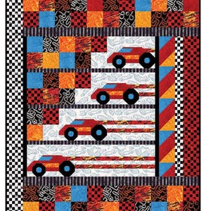 May include: A rectangular quilt featuring a central panel with four red race cars on a white background with light blue car outlines. The border consists of a black and white checkered pattern, red and blue diagonal stripes, and colorful squares.