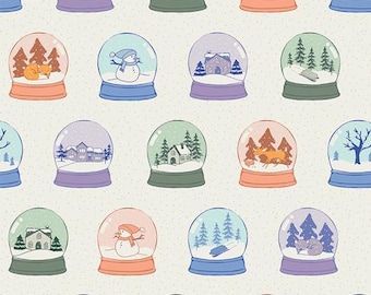 May include: A repeating pattern on a light cream background featuring various snow globes. Each globe contains winter scenes including houses, pine trees, snowmen, sleds, and animals like foxes and deer, set on colorful circular bases.