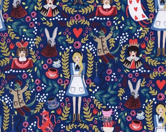 AB8013-001 Wonderland Navy Metallic Fabric Rifle Paper Co Fabric Rifle Paper Co  Rifle Paper Wonderland