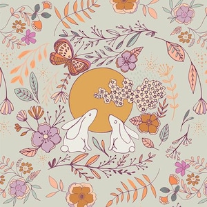 May include: A repeating pattern featuring a light green background with floral and animal illustrations. The design includes white rabbits, orange butterflies, and various flowers in shades of purple, orange, and peach.