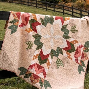 May include: A cream-colored quilt with a large starburst design in the center. The starburst is surrounded by geometric shapes in shades of red, green, and peach. The quilt is draped over a black fence in a grassy field.
