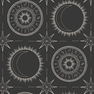 May include: A seamless pattern featuring a black background with white astrological symbols, including a crescent moon, stars, and zodiac signs.