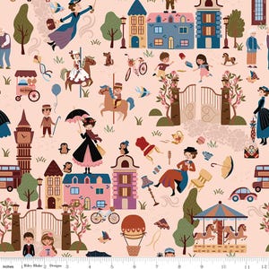 May include: A light pink fabric featuring a repeating pattern of Victorian-era scenes, including people in period clothing, double-decker buses, hot air balloons, carousels, bicycles, and buildings. A ruler at the bottom shows 12 inches.