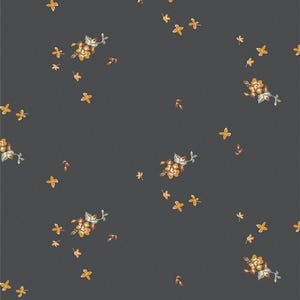 May include: Dark gray background with a repeating pattern of yellow and white floral clusters and scattered yellow flower shapes. The floral elements have a vintage or botanical aesthetic.