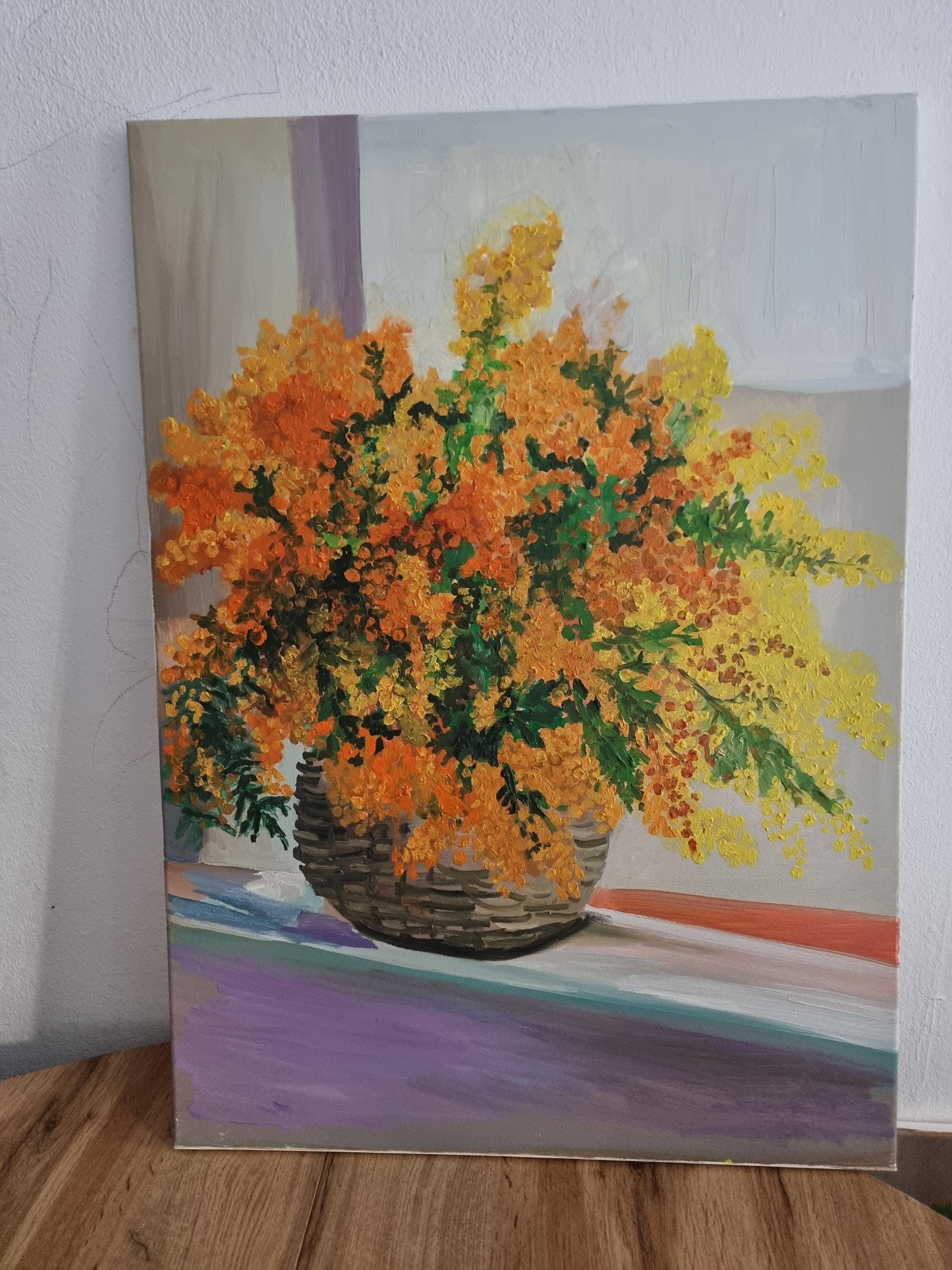 k*i様 油彩画 堀哲夫 ミモザ 額入り 絵画 油絵 ミモザ （堀哲夫） 送料