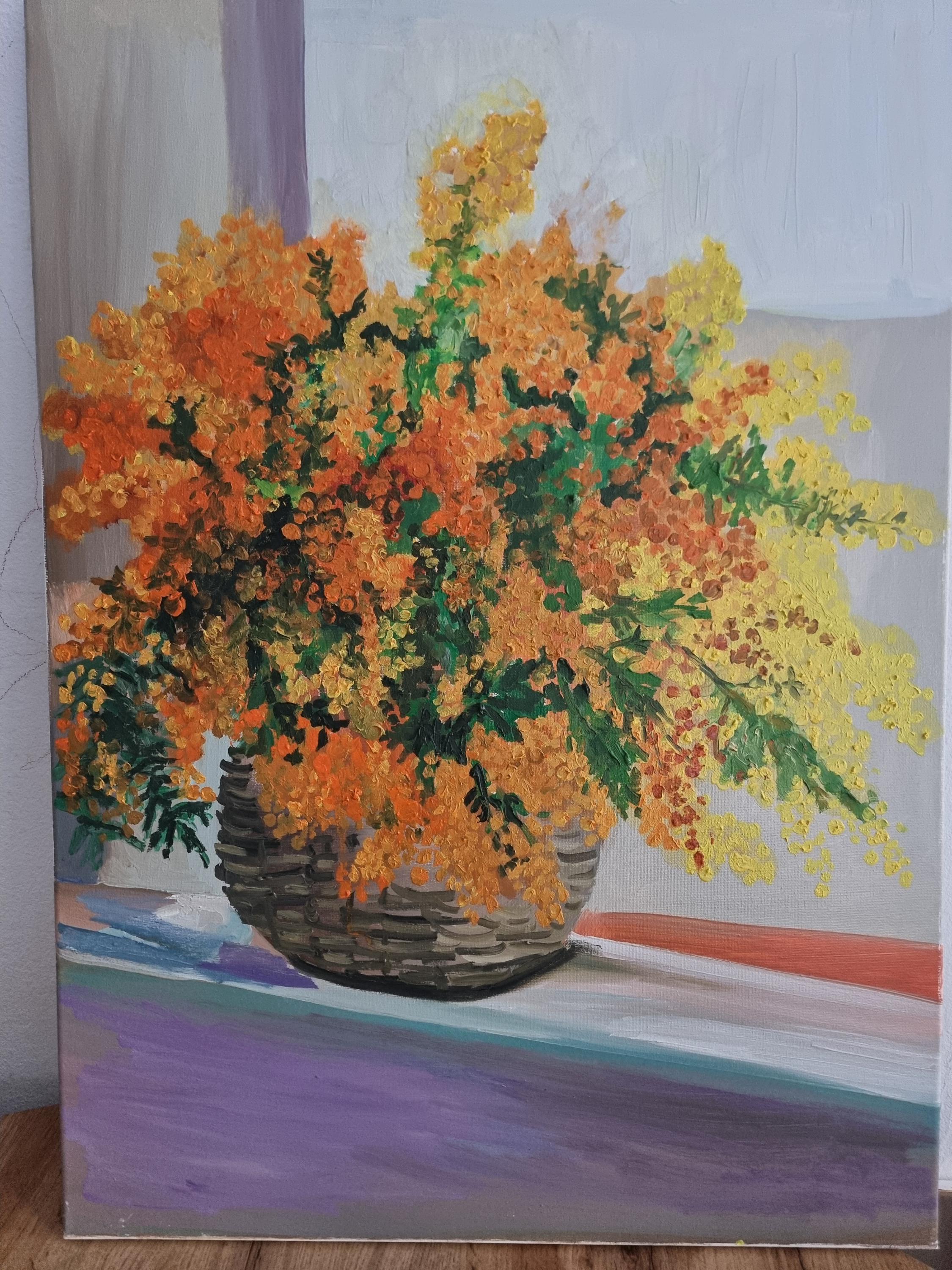 ミモザの花の油絵：表現力豊かな筆致 - Etsy 日本