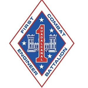 May include: A military emblem featuring a red and white diamond shape with a blue interior. The emblem includes the text "FIRST COMBAT ENGINEER BATTALION" and "GUADALCANAL" in white and red. Two castle illustrations and stars are also present.