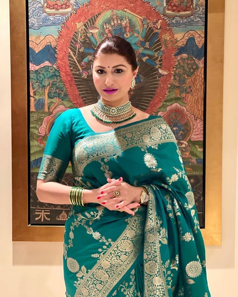 NW Teal Saree Indian Bollywood Wedding Women Designer Banrasi Handloom Silk Sari 