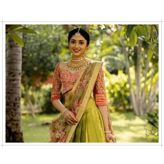 Indian Kanjiveram Half Saree With Organza Floral Print Duptta Etsy