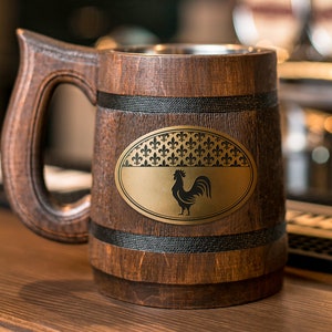 France symbol of the rooster also means Gaul. Beer mug for gift made of wood for best friend.