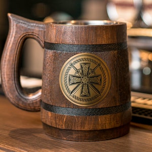 Celtic cross. Wooden beer mug for gift. Immerse yourself in history and mysticism.