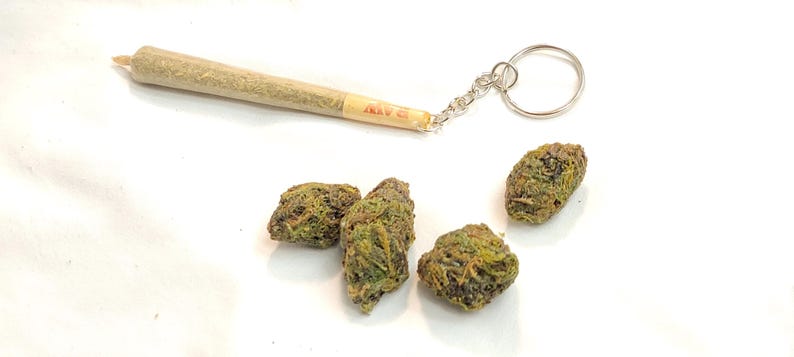 May include: A close-up of four small, green and brown cannabis buds, with a rolled joint and a silver keychain in the background.