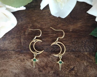 Moon earring with zirconia stone, emerald green moon, 18K gold plated, laser cut