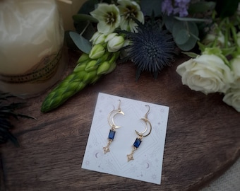 Moon drop earrings with deep blue cubic zirconia stone, 18K gold plated, laser cut