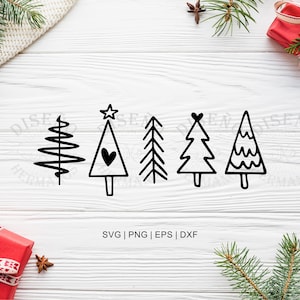 May include: A collection of black and white Christmas tree illustrations, featuring diverse designs such as a spiral, a star-topped tree, and a heart-adorned tree. The image includes the text "SVG | PNG | EPS | DXF".